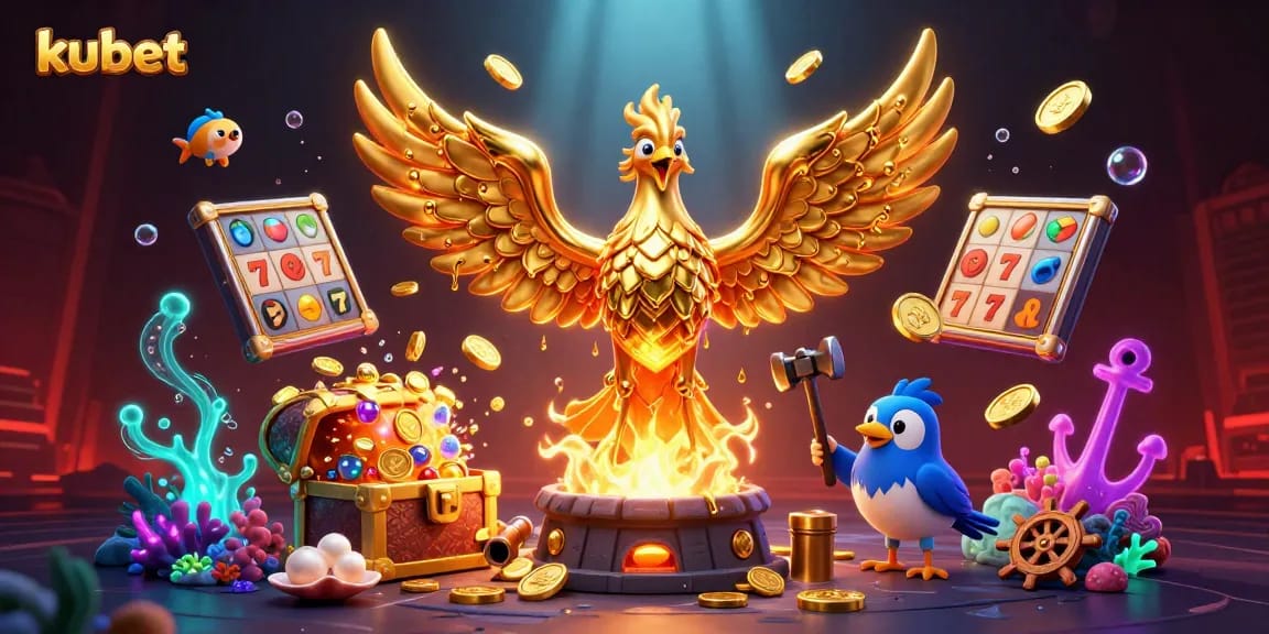 Kubet offers endless winning possibilities with a golden phoenix surrounded by vibrant casino elements.