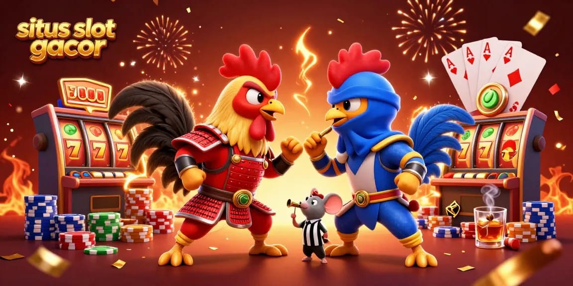 Experience situs slot gacor with a vibrant 3D clash of roosters amid colorful slot reels and chips.