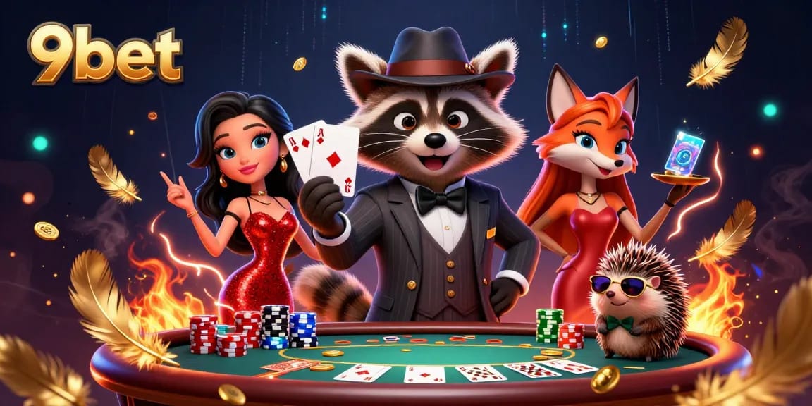 Experience the thrill of poker with 9bet's stylish and engaging 3D illustration featuring charming characters.