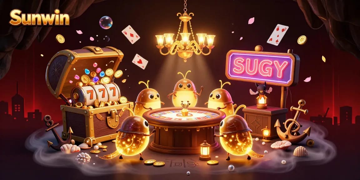 Sunwin transforms gaming with lively glowworms and card tables in an enchanting cave casino.