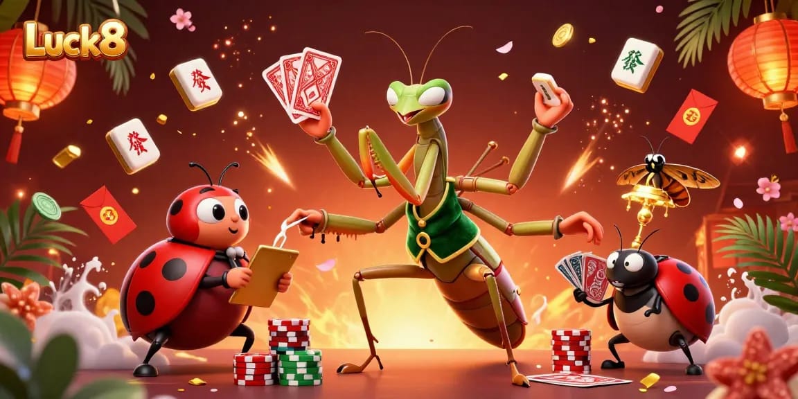 Luck8 gaming scene with a giant praying mantis card dealer and ladybug pit boss, surrounded by festive casino elements