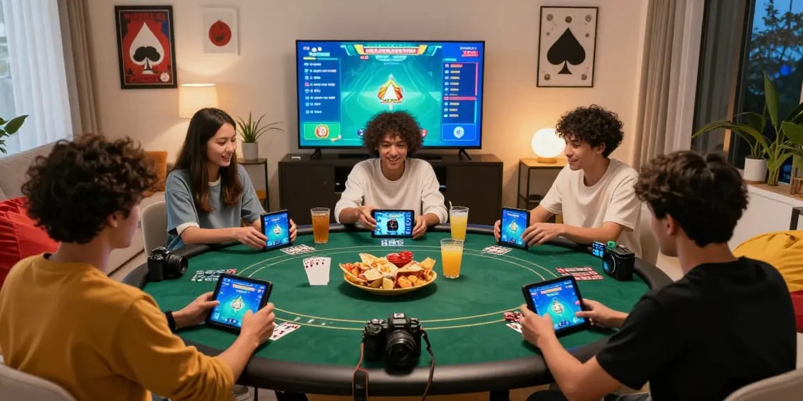 Friends enjoying an exciting online poker session with Daftar Domino8 on various devices in a cozy living room.