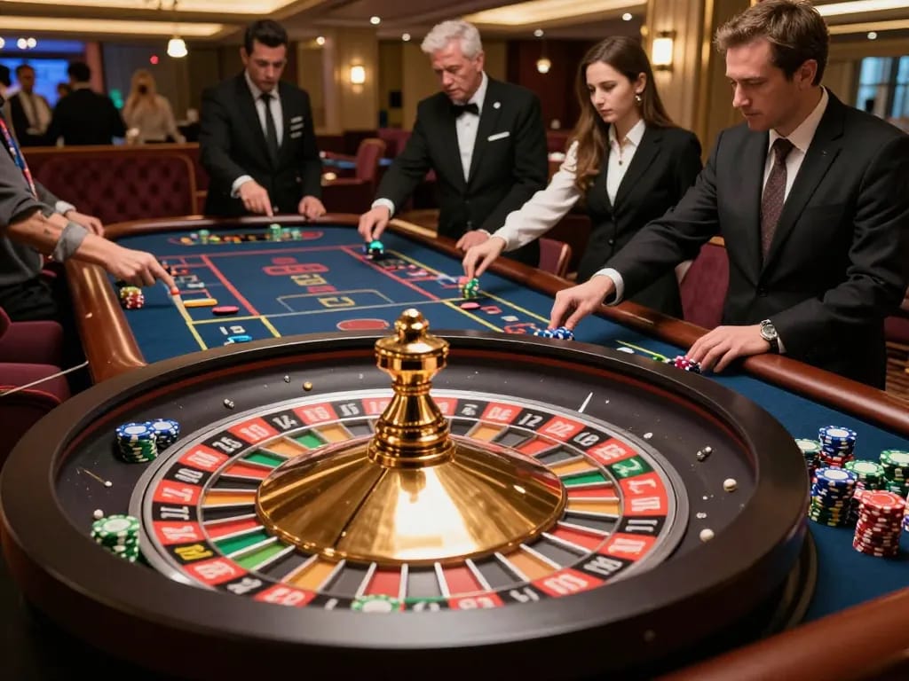 rokok 88 players strategizing at lively roulette table, vibrant chips and spinning wheel enhancing casino atmosphere