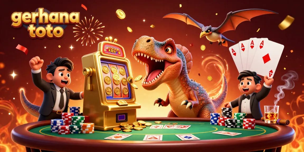 Gerhana toto menghadirkan suasana kasino yang ramai dengan dinosaurus dan slot jackpot.