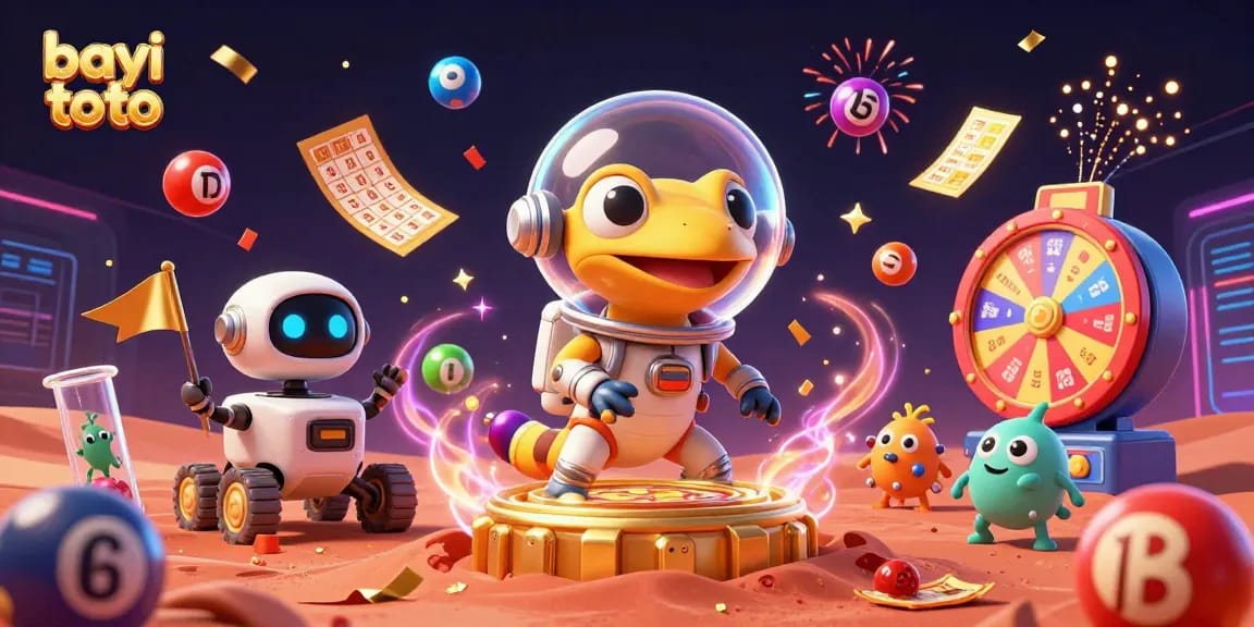 Bayi toto lottery scene showcasing a Martian gecko and robot celebrating amidst colorful lottery elements and casino treasures.
