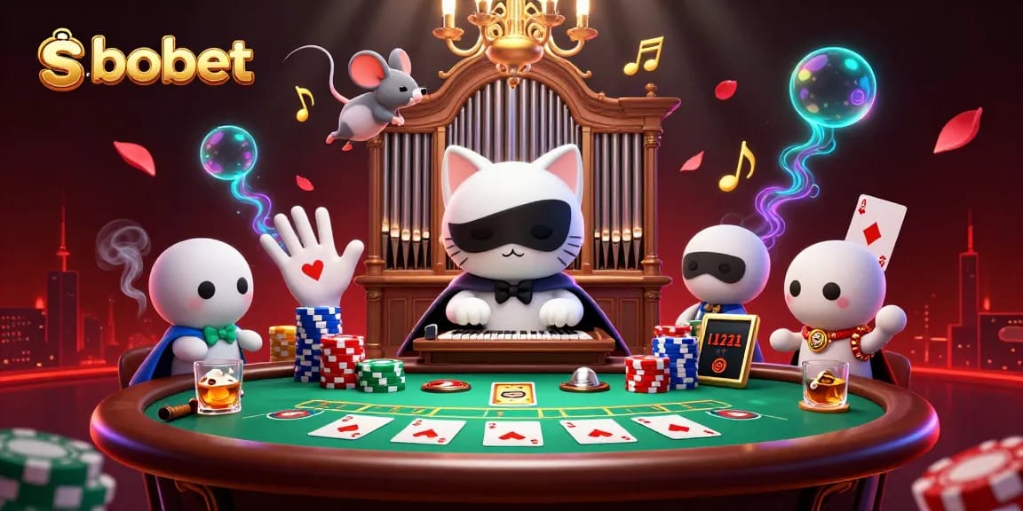 Experience sbobet's thrilling action with a phantom cat and acrobat in a vibrant gambling scene.
