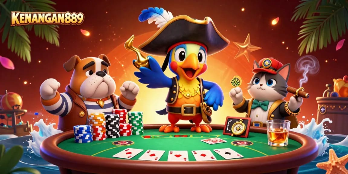 Experience the thrill of KENANGAN889 with a vibrant 3D casino scene featuring dynamic poker action.
