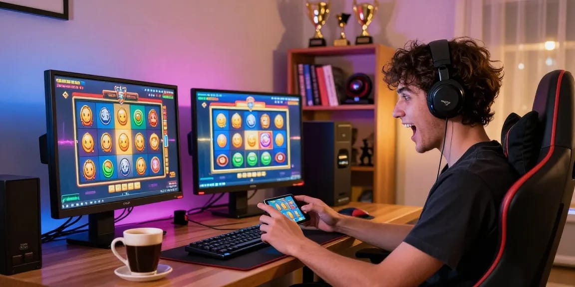 Player enjoying deposit pulsa tanpa potongan games on a smartphone, colorful slot machine graphics in background.