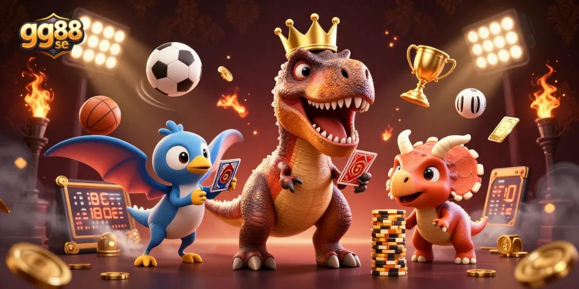 Engage with gg88 se as a T-Rex shuffles cards, assisted by a pterodactyl, in a dynamic gambling scene.