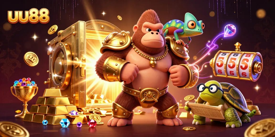 Engage in thrilling gameplay at uu88 with a vibrant, bustling casino scene featuring a gorilla king and chameleon.