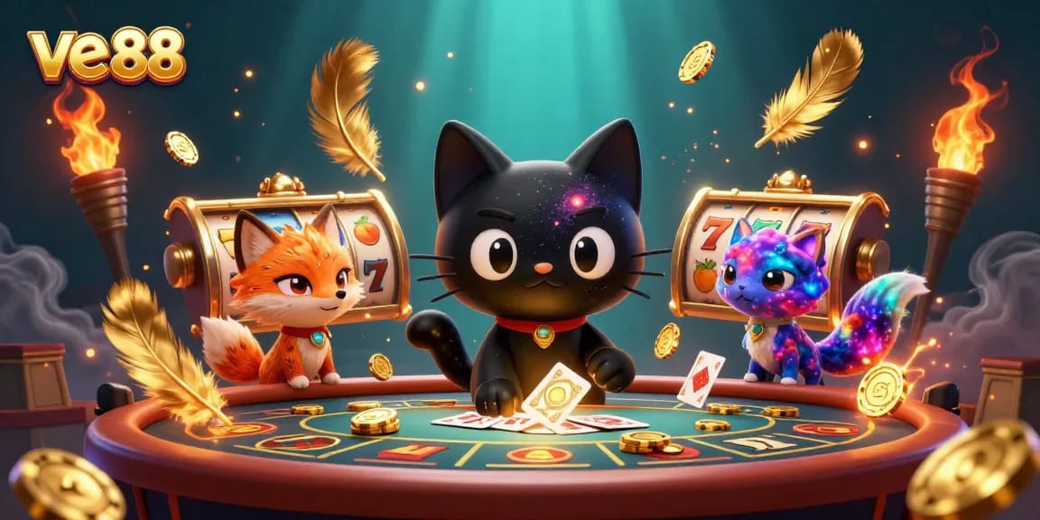 Engage with ve 88 through a vivid cosmic scene featuring a black hole cat and colorful nebula fox at a casino.