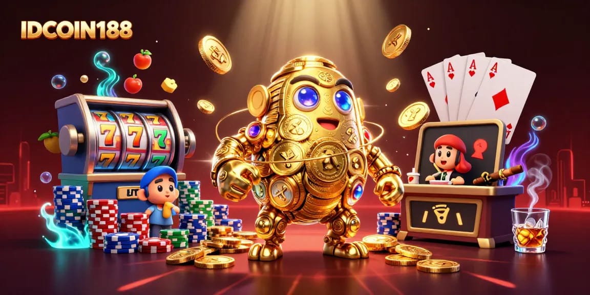 Experience IDCOIN188 with vibrant slot symbols, poker chips, and an ancient gold golem in a dynamic casino scene.