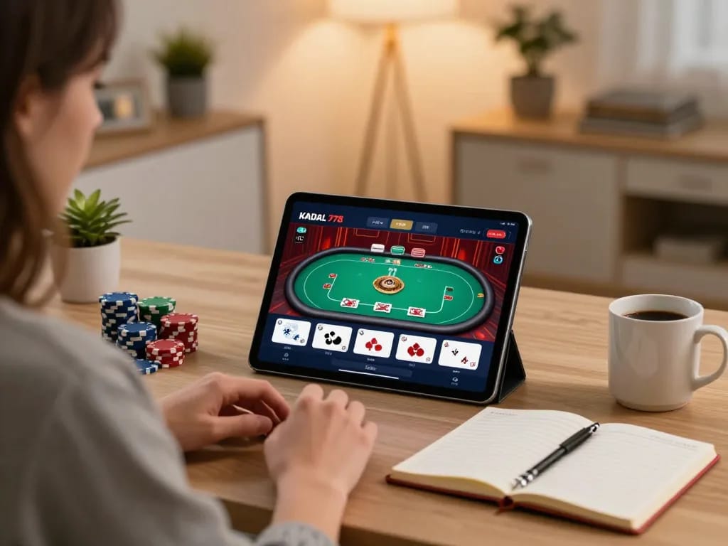 KADAL 778 player engaging in online casino gaming action on tablet, surrounded by poker chips in a cozy home setup.