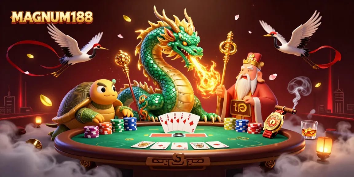 Experience the excitement of MAGNUM188 with an illustration showcasing a jade dragon and poker elements.