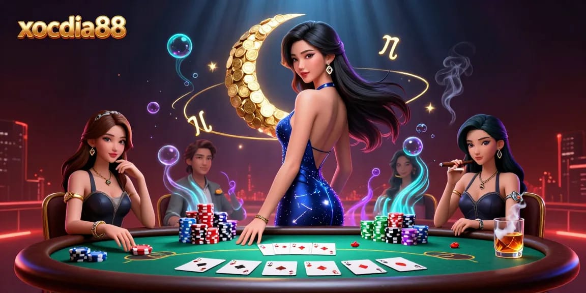 Xocdia88 offers thrilling poker experiences with vibrant chips and cards in an elegant casino setting.