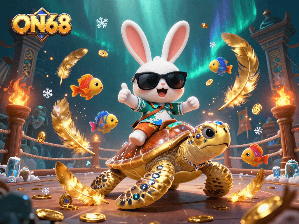 Experience the excitement of ON68 with a vibrant 3D illustration featuring a lucky rabbit and a golden turtle in a casino-like setting.