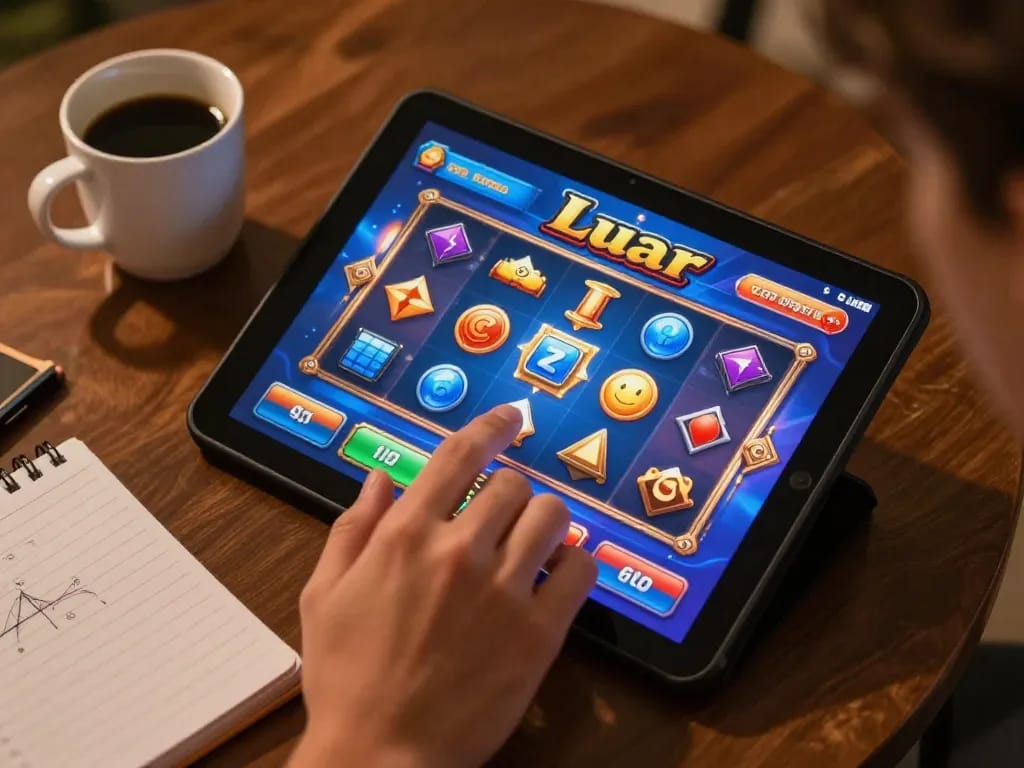 Engaging in Slot Luar online gaming with lively graphics and cozy setting.