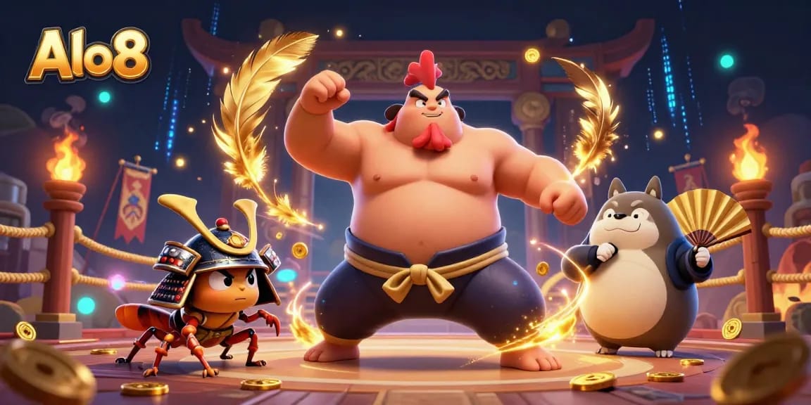 Alo8 features a powerful rooster sumo wrestler stomping in an exciting 3D casino scene.