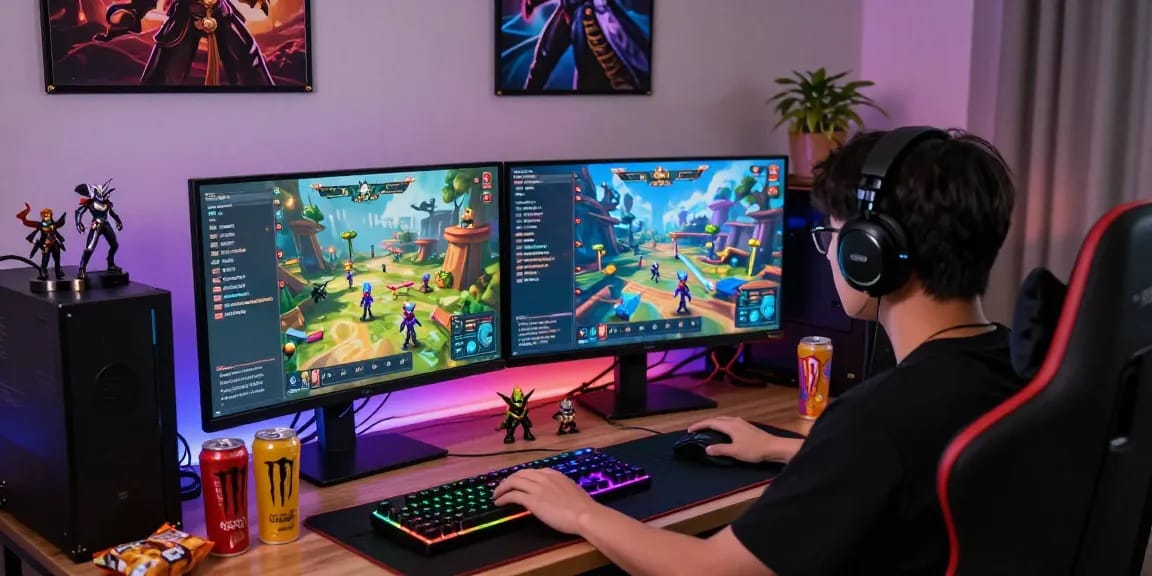 Engaging gaming setup showcasing rokok88 gameplay with vibrant monitors and dynamic accessories.