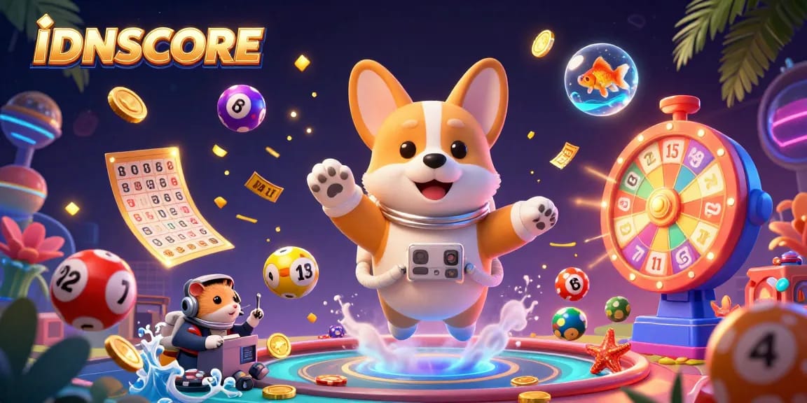 Engage in dynamic gaming with IDNSCORE as playful characters navigate a floating casino.