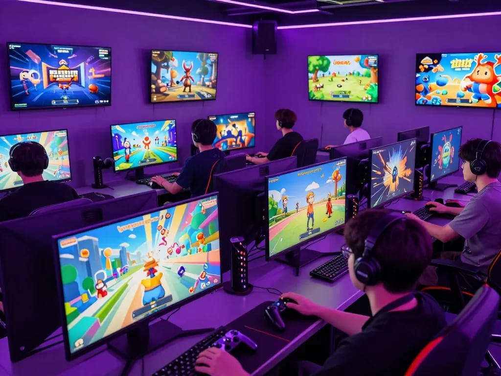 Players enjoying diverse online games at mantra88 in a vibrant neon-themed lobby.