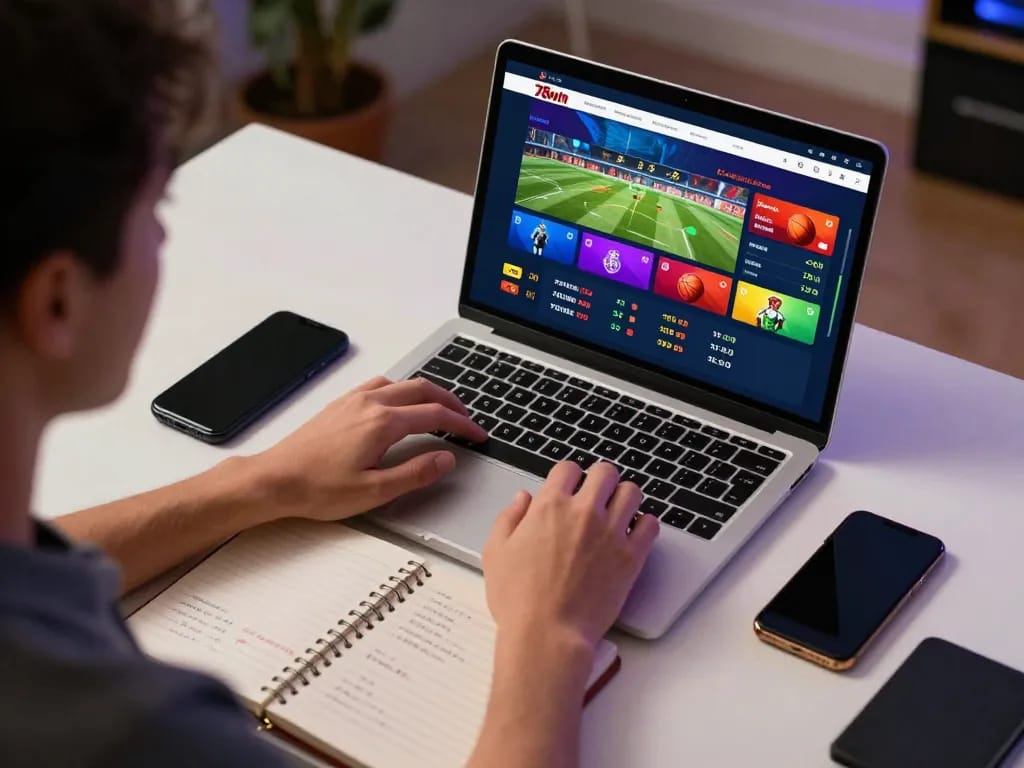 Player engaging with 78win's online betting platform at home, showcasing dynamic sports options and strategic notes.