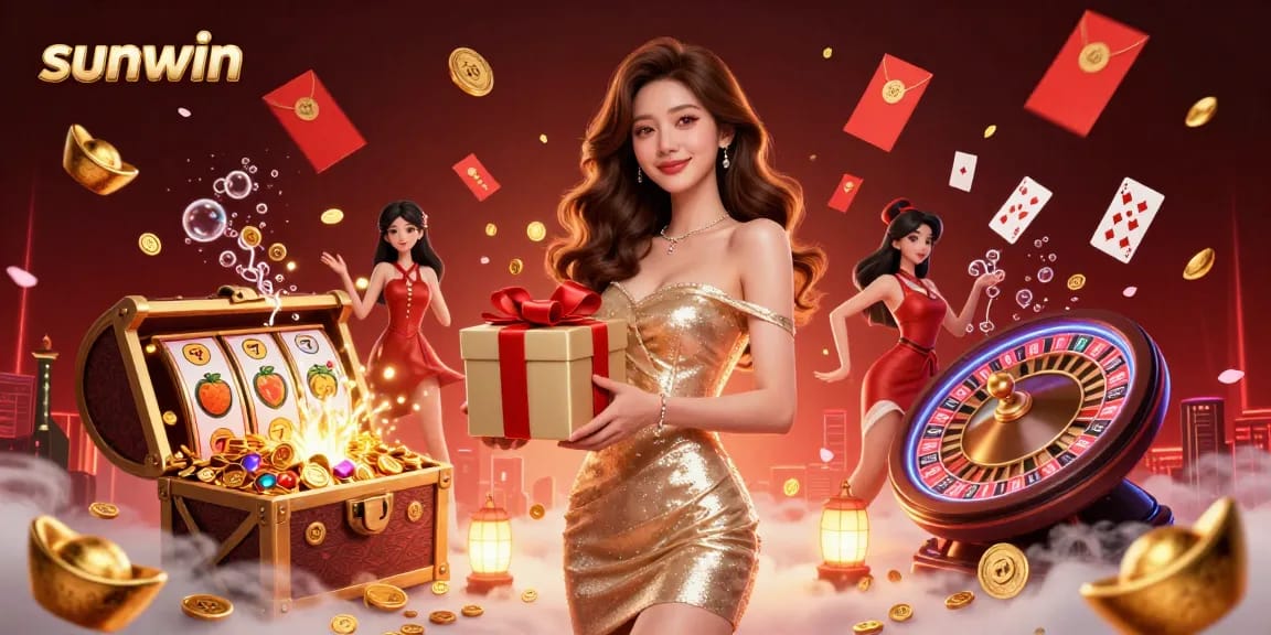 Join the excitement at sunwin with this vibrant illustration of a woman celebrating, surrounded by casino treasures.