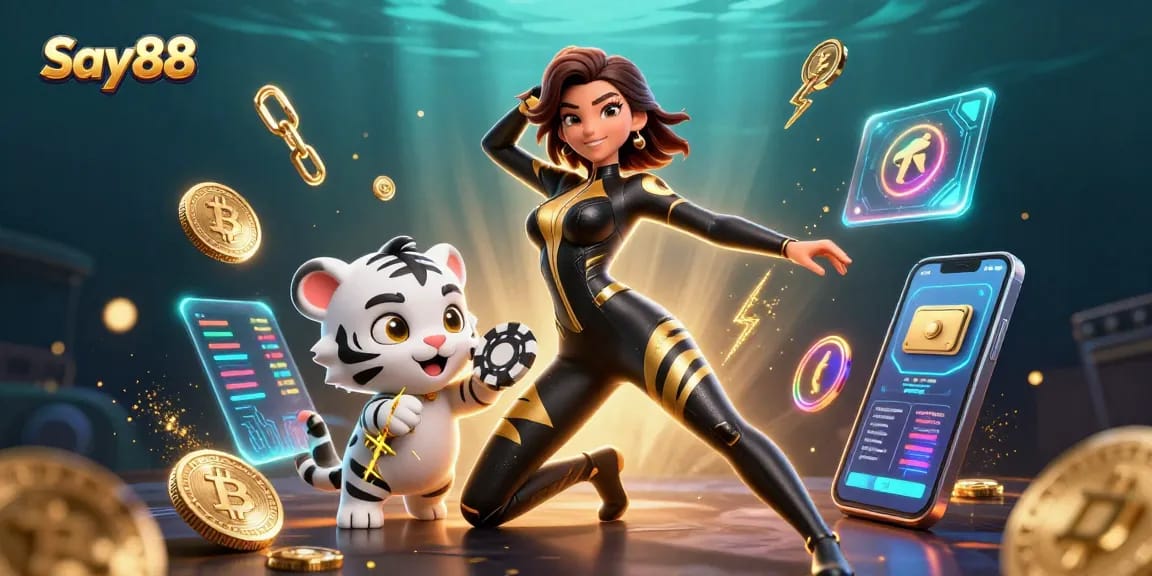 Engage with Say88 at our vibrant 3D illustrated casino scene featuring acrobatics and crypto.