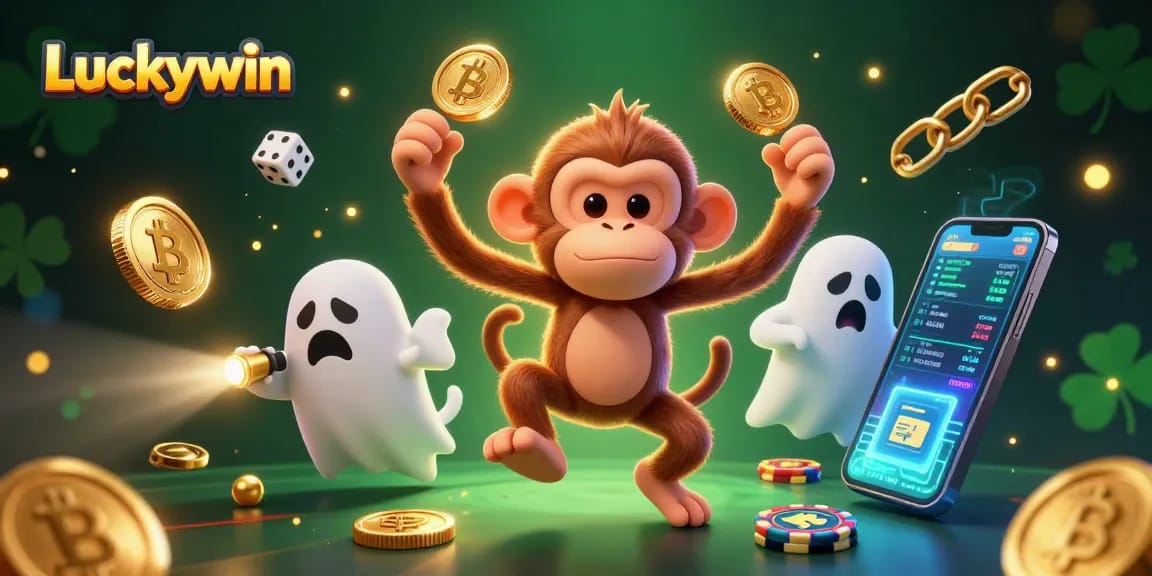 Experience Luckywin's haunted casino with a mischievous monkey juggling golden coins.