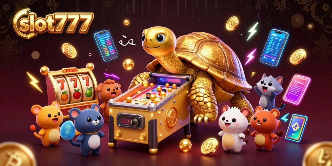 Engage with slot777 as a colorful scene depicts a golden tortoise pinball machine lighting up with excitement.