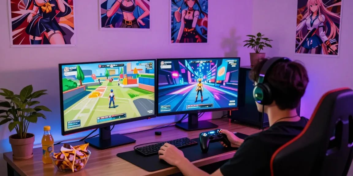 Engaging player enjoying a 3d ecchi game with dual screens and colorful RGB lighting.