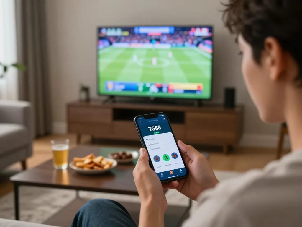 Engaging moment on TG88 app for sports betting in a cozy living room setting.