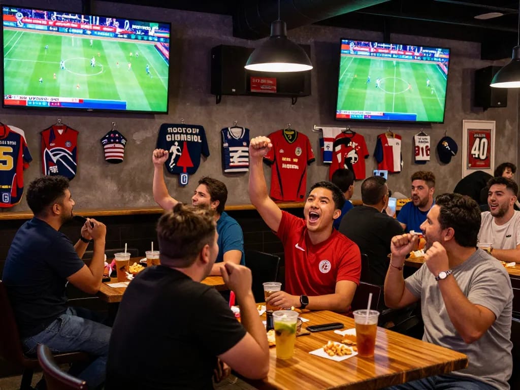 Fans celebrating during World Cup 2026 matches at a lively sports bar.
