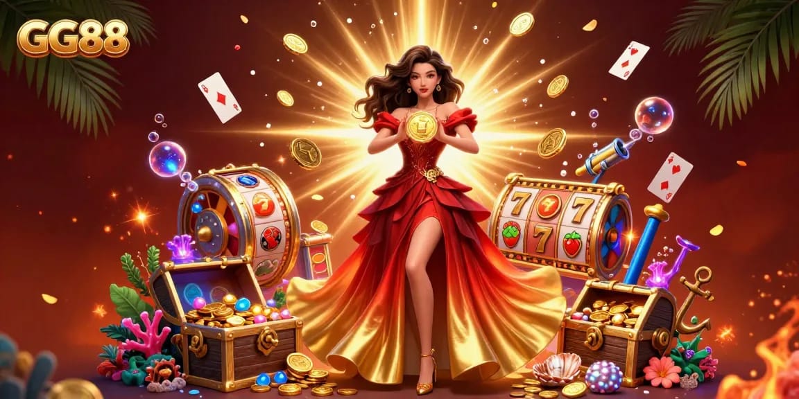 Win big at GG88 with stunning jackpot games featuring vibrant coins, glowing symbols, and a beautiful Asian lady celebrating victory.