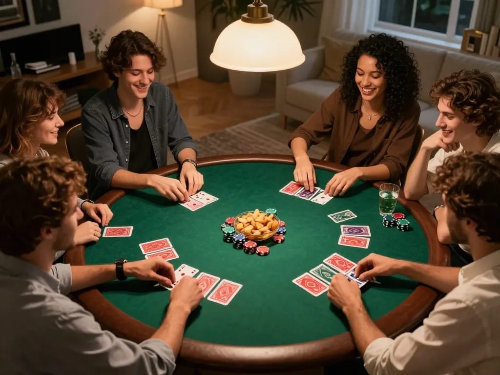 Friends enjoying a lively poker game at home, illustrating strategic gameplay with 78wingo poker ambiance.