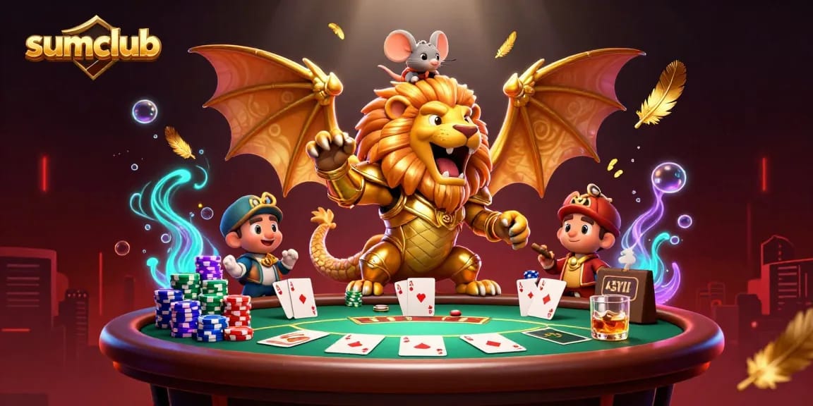 Experience thrilling wins at Sumclub with a dynamic poker scene featuring a triumphant chimera and mouse jockey.