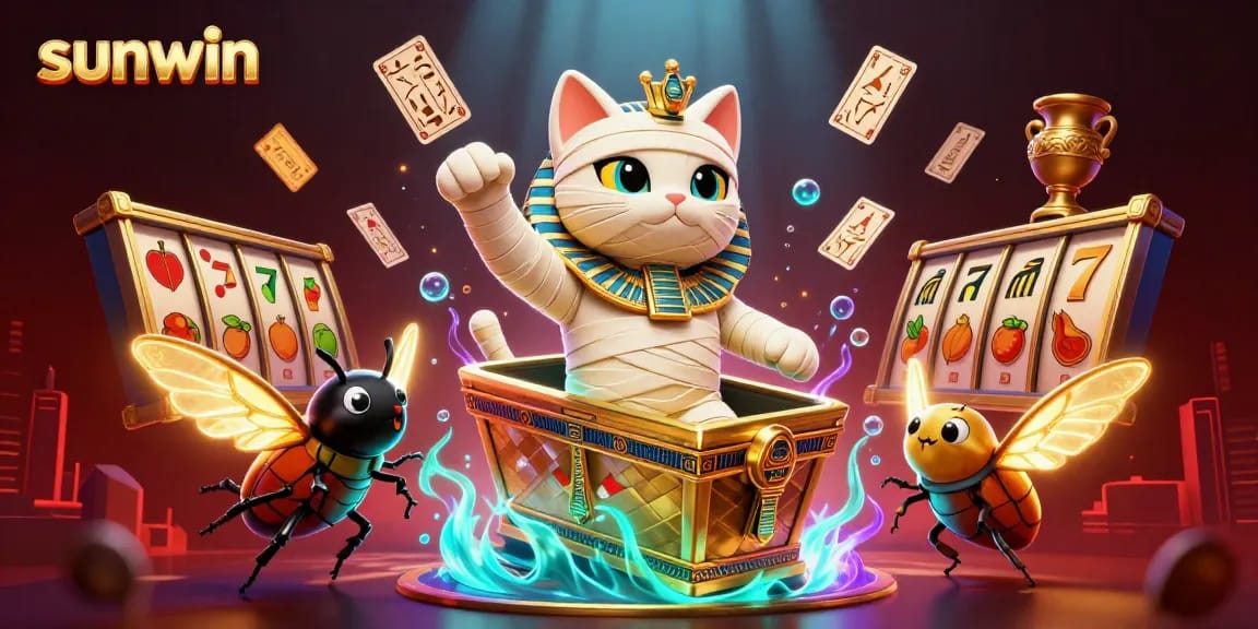 Play exciting casino games with sunwin in this vibrant illustration featuring a mummy cat.