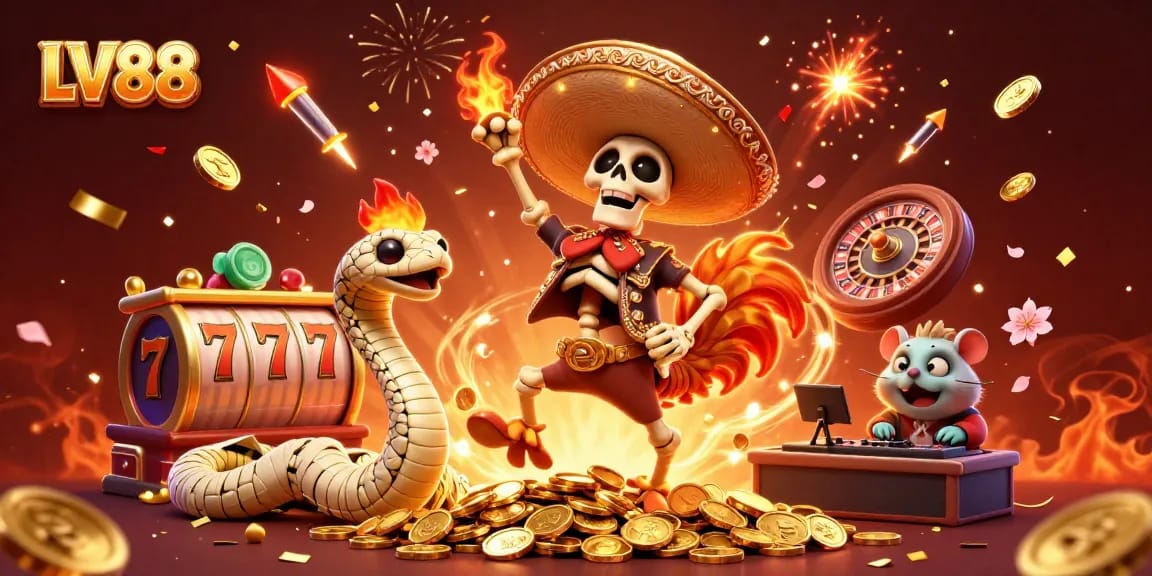 Celebrate winning moments at LV88 with a dynamic casino-themed illustration featuring exciting game elements.