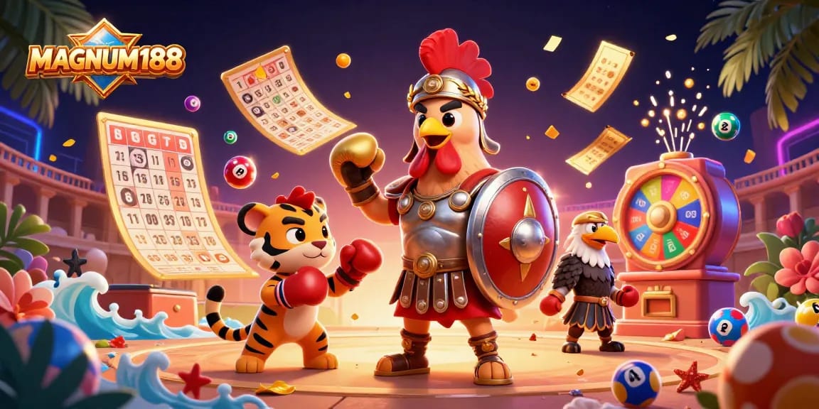 Experience the excitement of MAGNUM188 with dynamic lottery elements and vibrant characters.