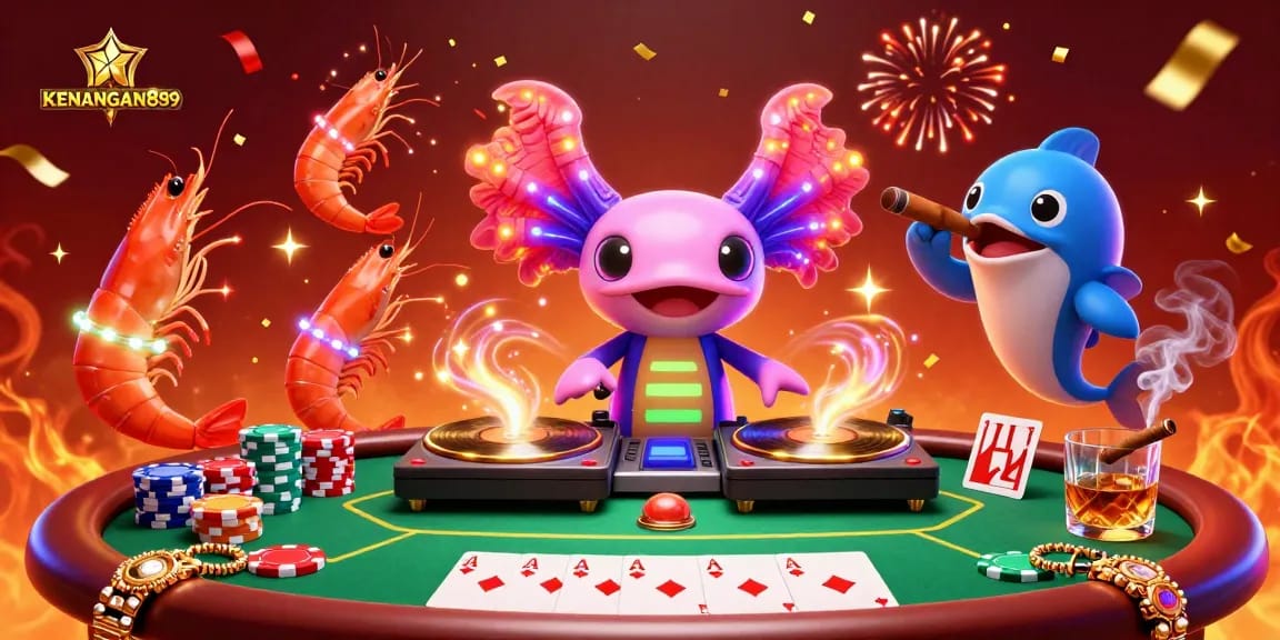 Engage with KENANGAN889 in a vibrant casino scene featuring a DJ axolotl and dancing characters.
