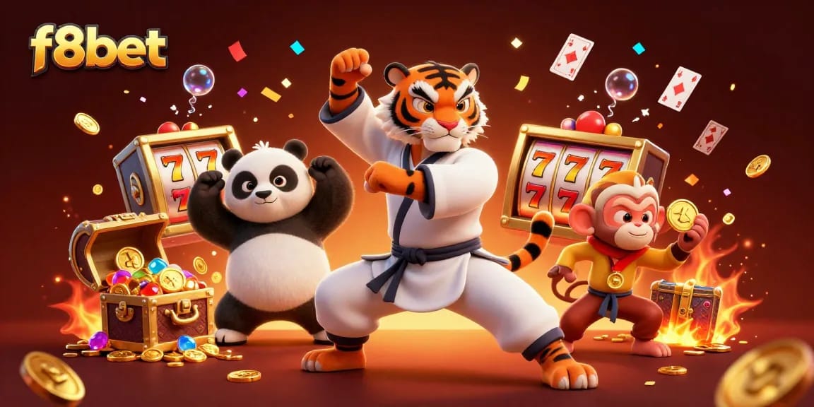Engage in exciting gameplay at f8bet with a vivid 3D scene capturing a kung fu tiger, panda disciple, and monkey stealing gold amidst vibrant casino elements.
