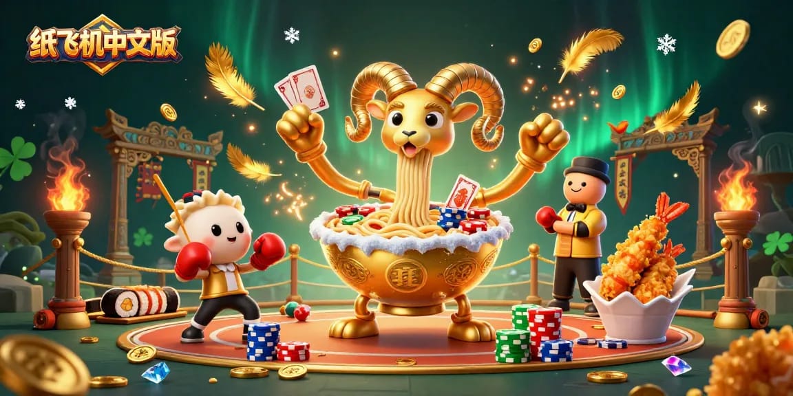 Engage with 纸飞机中文版 in this dynamic casino scene featuring a golden ramen bowl, sushi dealer, and cheerleading shrimp.