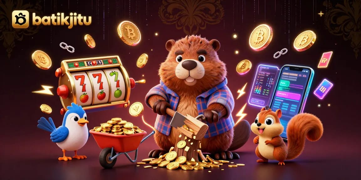 Batikjitu memperlihatkan beaver pemotong pohon yang mengucurkan koin emas, simbol slot, dan elemen blockchain untuk pengalaman judi yang menarik.