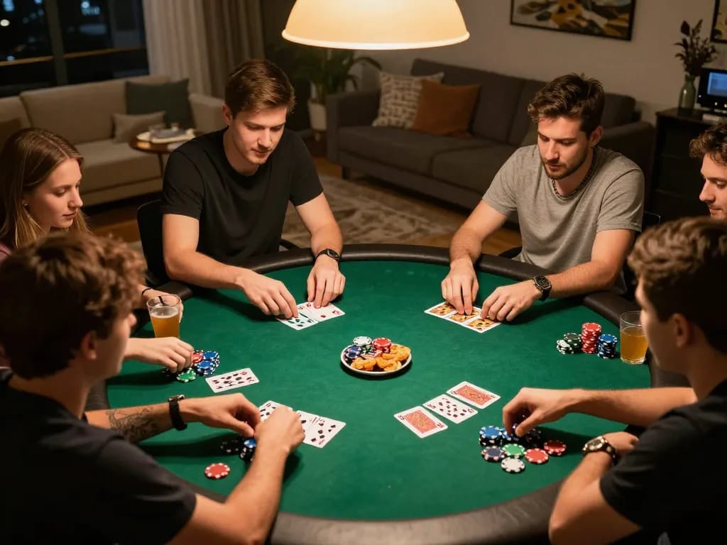 LGO SUPER players enjoying a friendly poker session at home with vibrant chips and engaging atmosphere