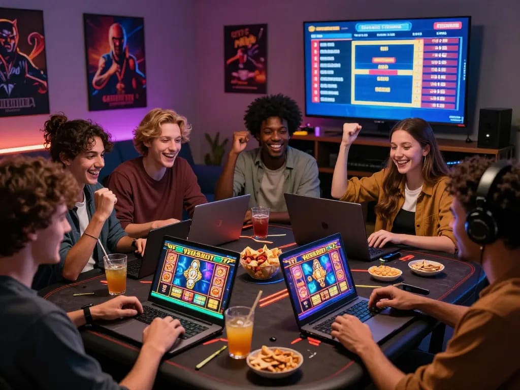 Friends enjoying an exciting online gaming experience on VEGASSLOT77, surrounded by colorful slot game graphics and snacks.
