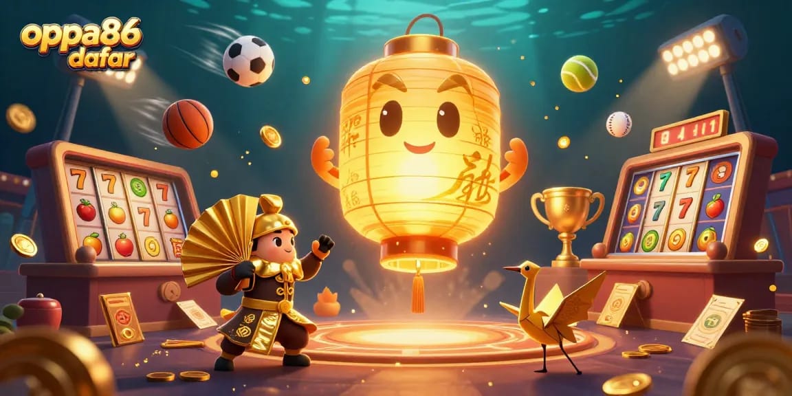 Engage with winning strategies at oppa86 daftar, featuring a lively casino scene with dynamic slot and sports elements.
