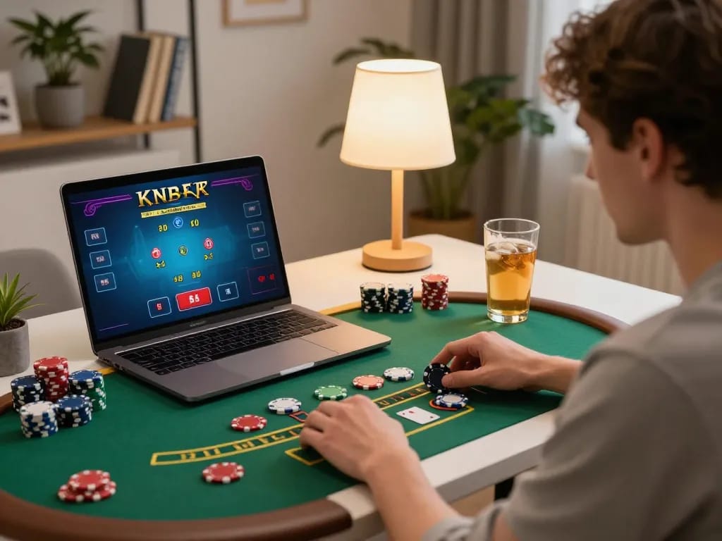 Agen LIGALGO gameplay showing a live dealer blackjack session on a laptop in a stylish home setting