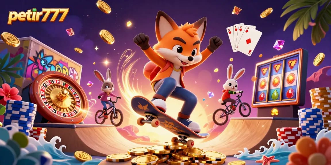Join the petir777 adventure with a fox and rabbit in an exciting casino scene!