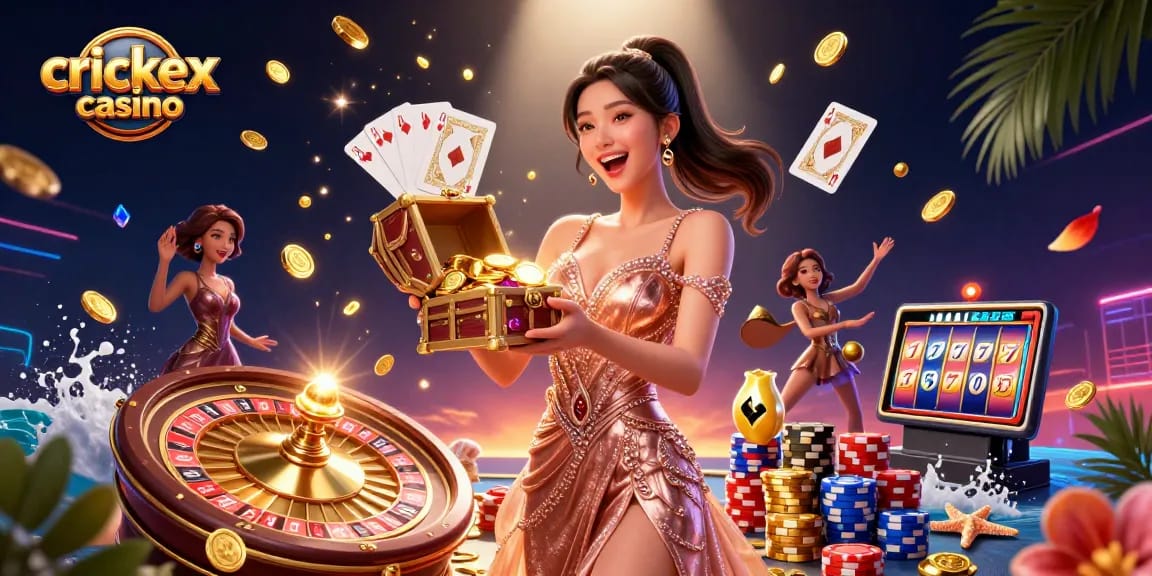 Experience the excitement of crickex casino with a stunning illustration showcasing thrilling casino elements and engaging characters.