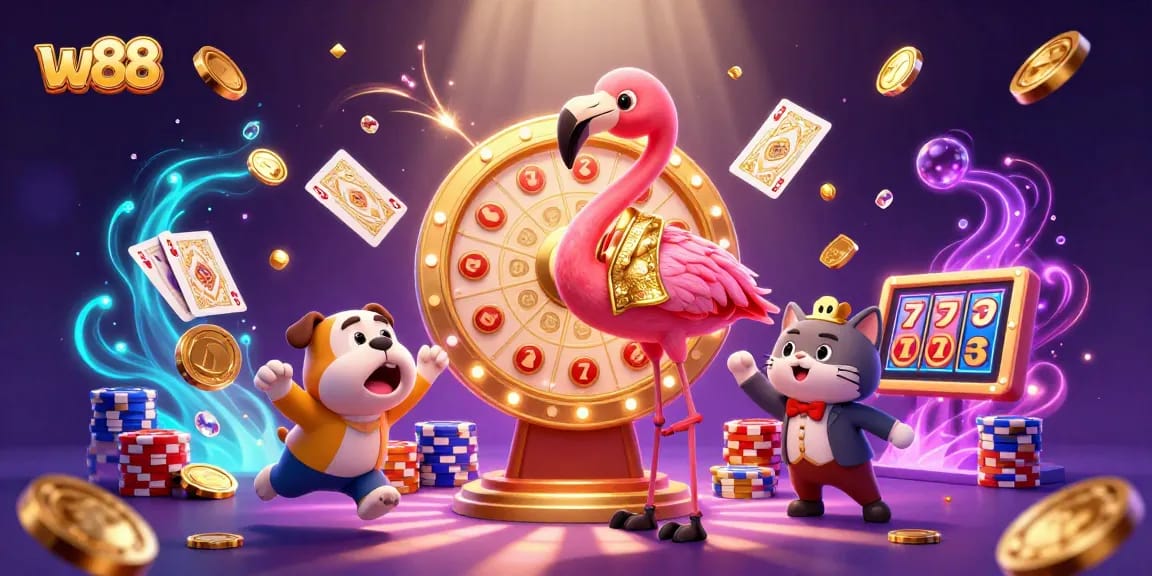 w88 players spin the giant prize wheel with excitement and winning potential in a lively casino scene